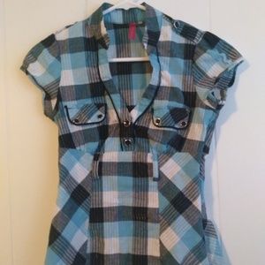 Blue, White, and Black Striped Shirt